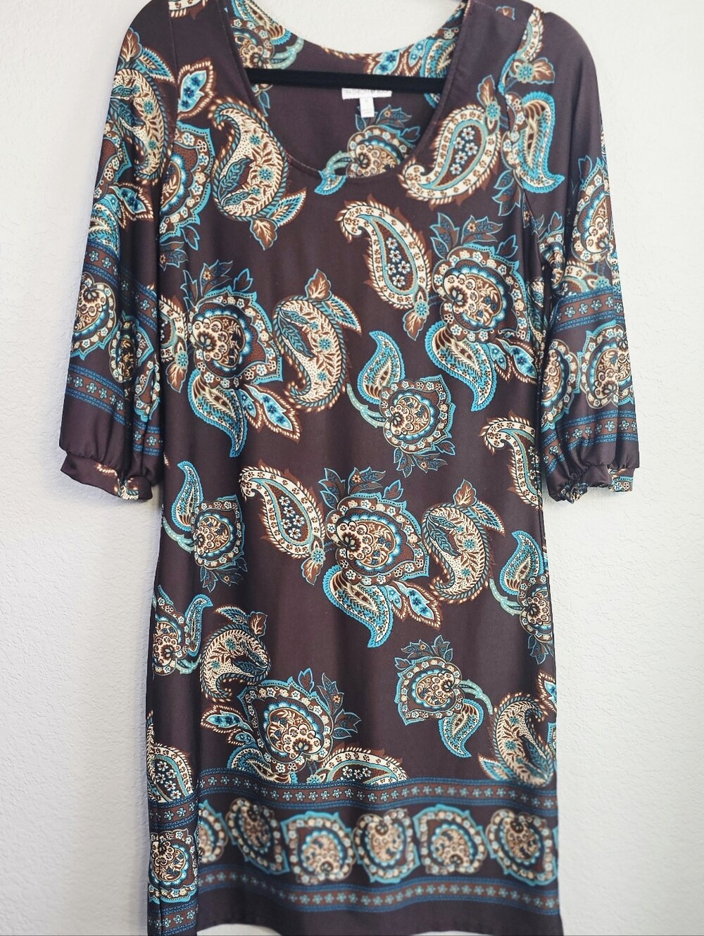 Fashion Bug Paisley Shift Dress Brown Turquoise Boho 3/4 Sleeve Small